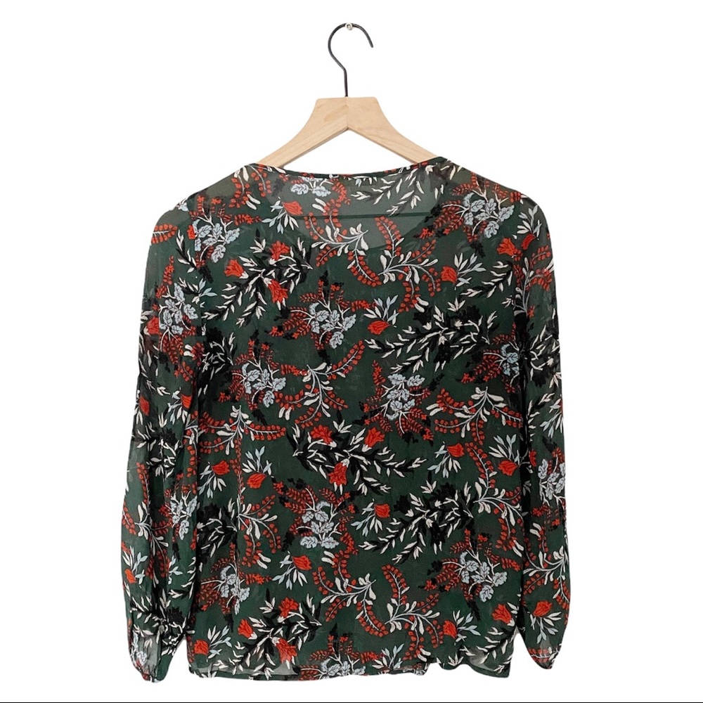Maje Paris Lo Fleur Crepe Georgette Top Green Floral Sheer Smocked Blouse - Picture 4 of 10